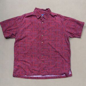 Old College Inn Vintage AOP Tribal Print Red Navy Button Front Casual Shirt XL
